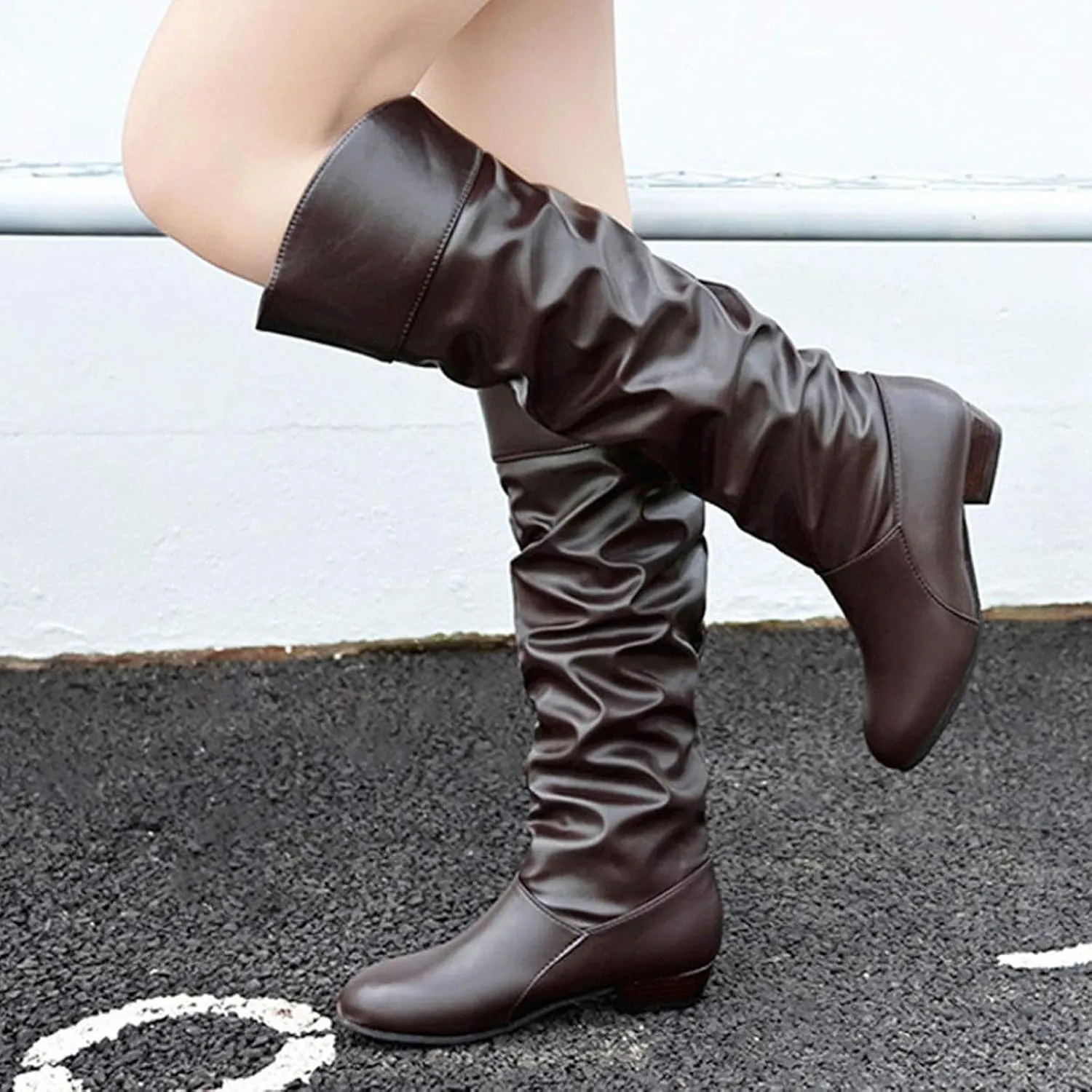 Middle Tube Boots for Women Fashion Pointed Toe Leather Boot Fall Winter Warm Knee High Booties Slip On Bootie