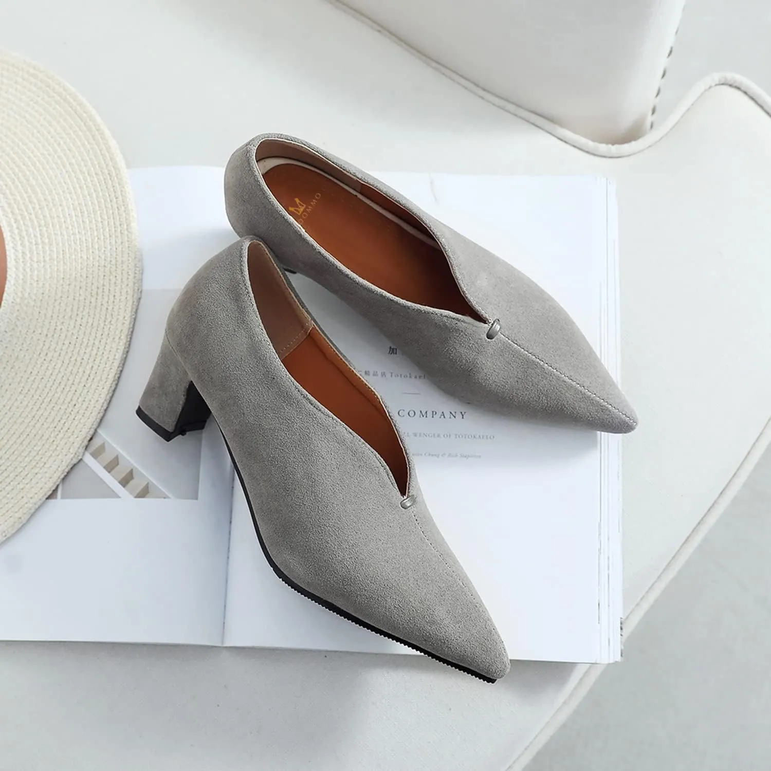 MOOMMO Women Comfortable Chunky Block Heel Pumps Shoes Pointed Toe Slip on Suede Penny Loafers Mid Heel Closed Pointy Toe Work Shoes Office Patchwork Ladies Dressy Fall Fashion Elegant 4-13 M US