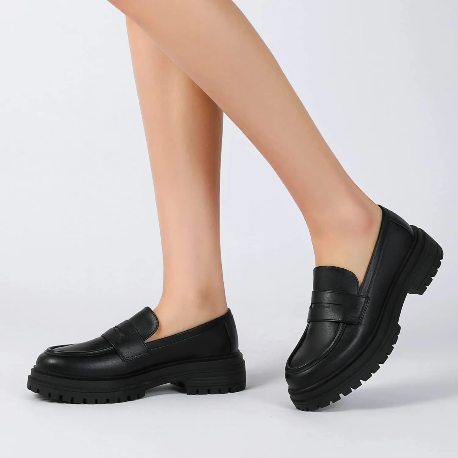 Mostrin Loafers for Women Lug Sole Platform Mid Chunky Loafers Classic Round Toe Slip On Loafers Comfortable Penny Casual Shoes