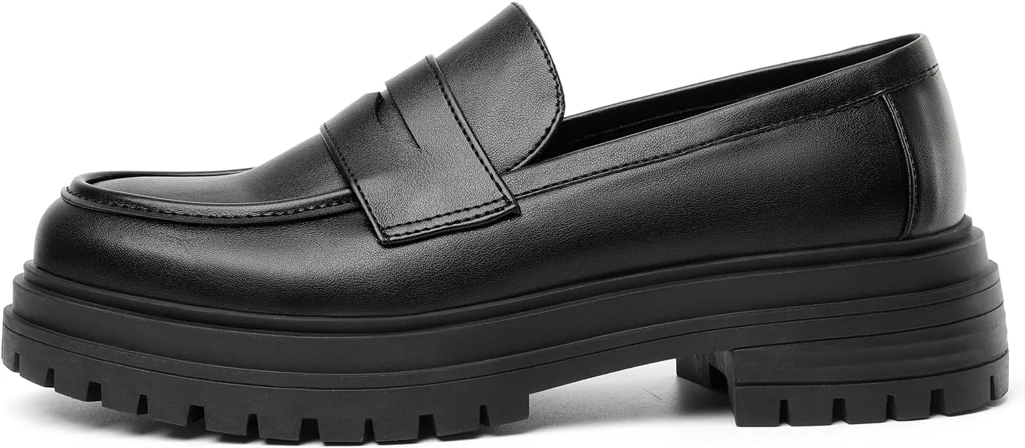 Mostrin Loafers for Women Lug Sole Platform Mid Chunky Loafers Classic Round Toe Slip On Loafers Comfortable Penny Casual Shoes