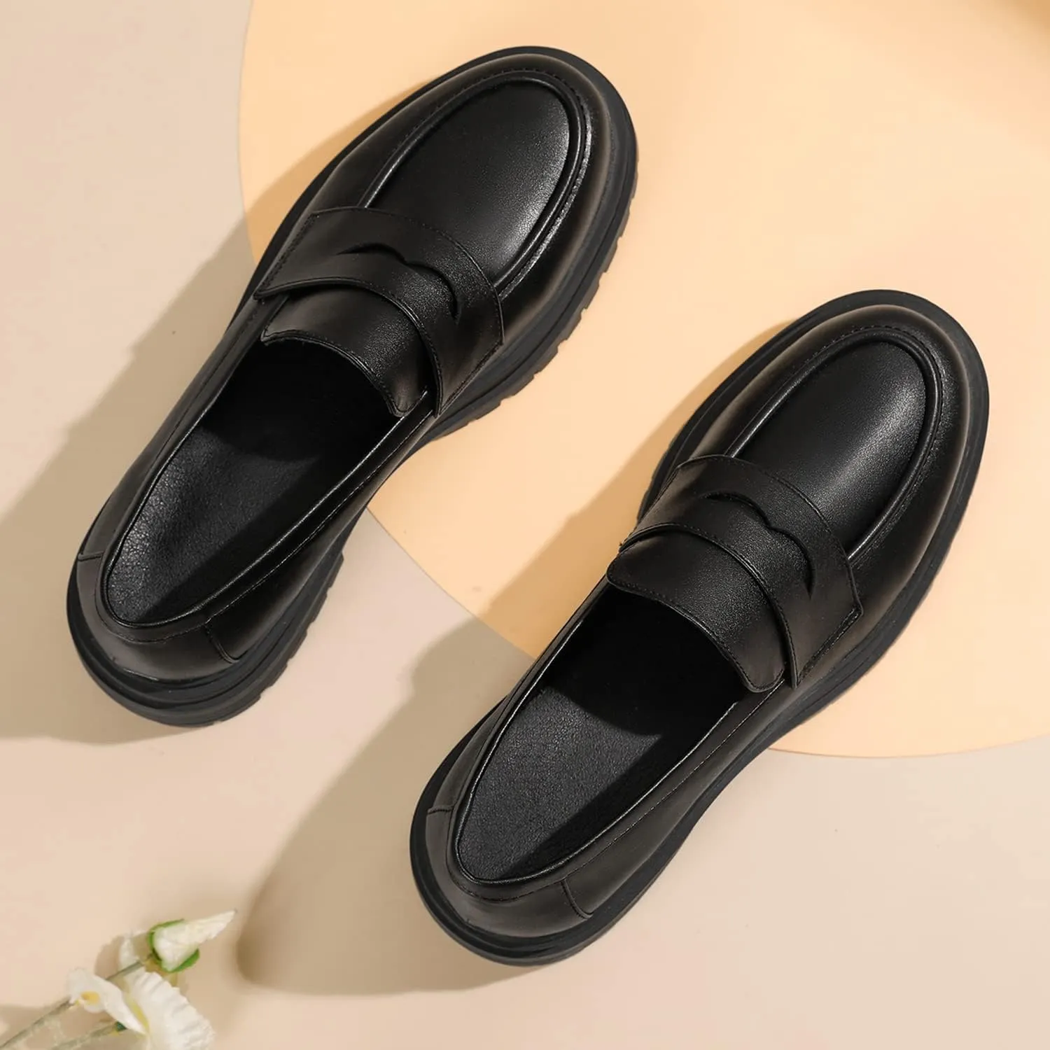 Mostrin Loafers for Women Lug Sole Platform Mid Chunky Loafers Classic Round Toe Slip On Loafers Comfortable Penny Casual Shoes