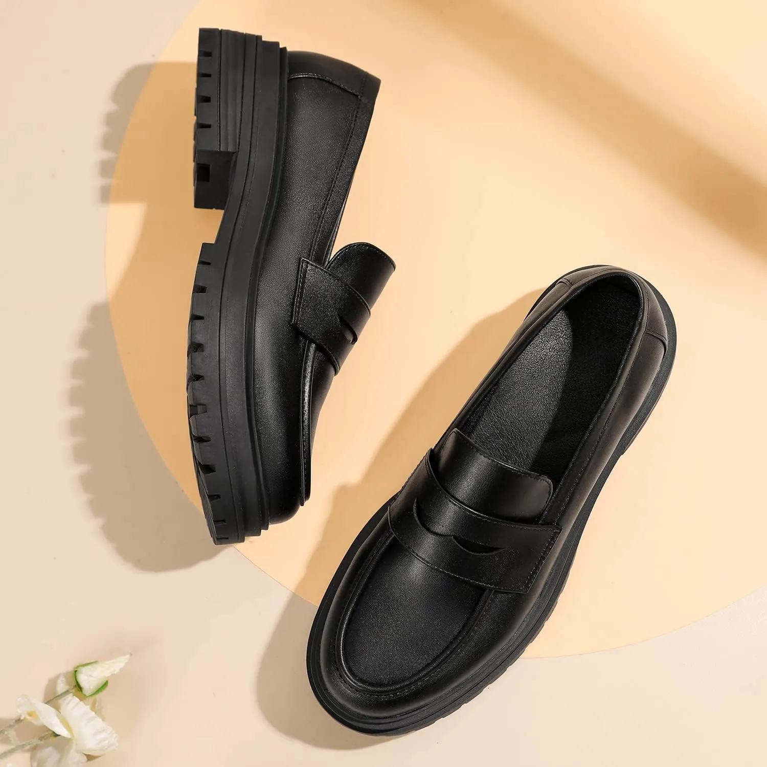 Mostrin Loafers for Women Lug Sole Platform Mid Chunky Loafers Classic Round Toe Slip On Loafers Comfortable Penny Casual Shoes