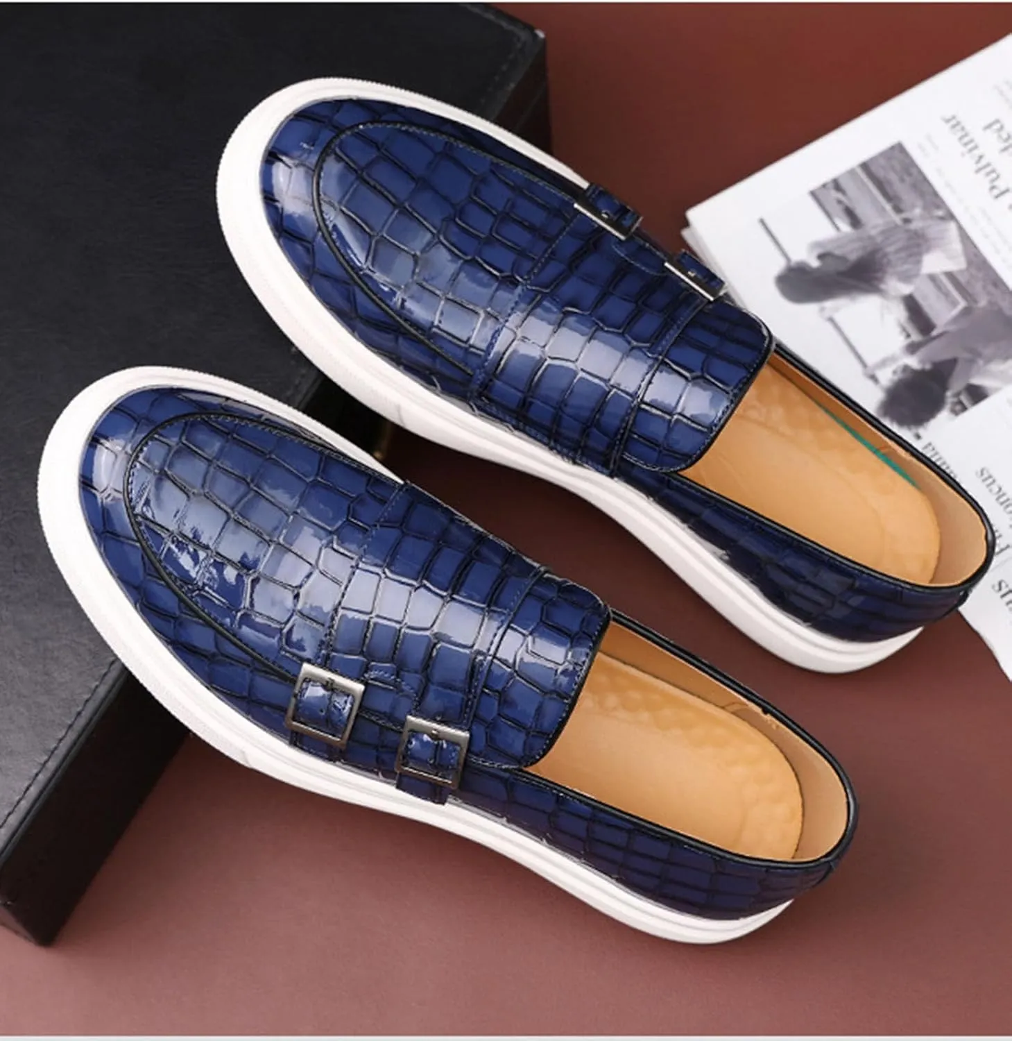 Myallfeet Men's Leather Casual Versatile Anti Slip Lefu Shoes Fashion Buckle Business Formal Leather Shoes Personalized Driving Plaid Pattern Lefu Shoes