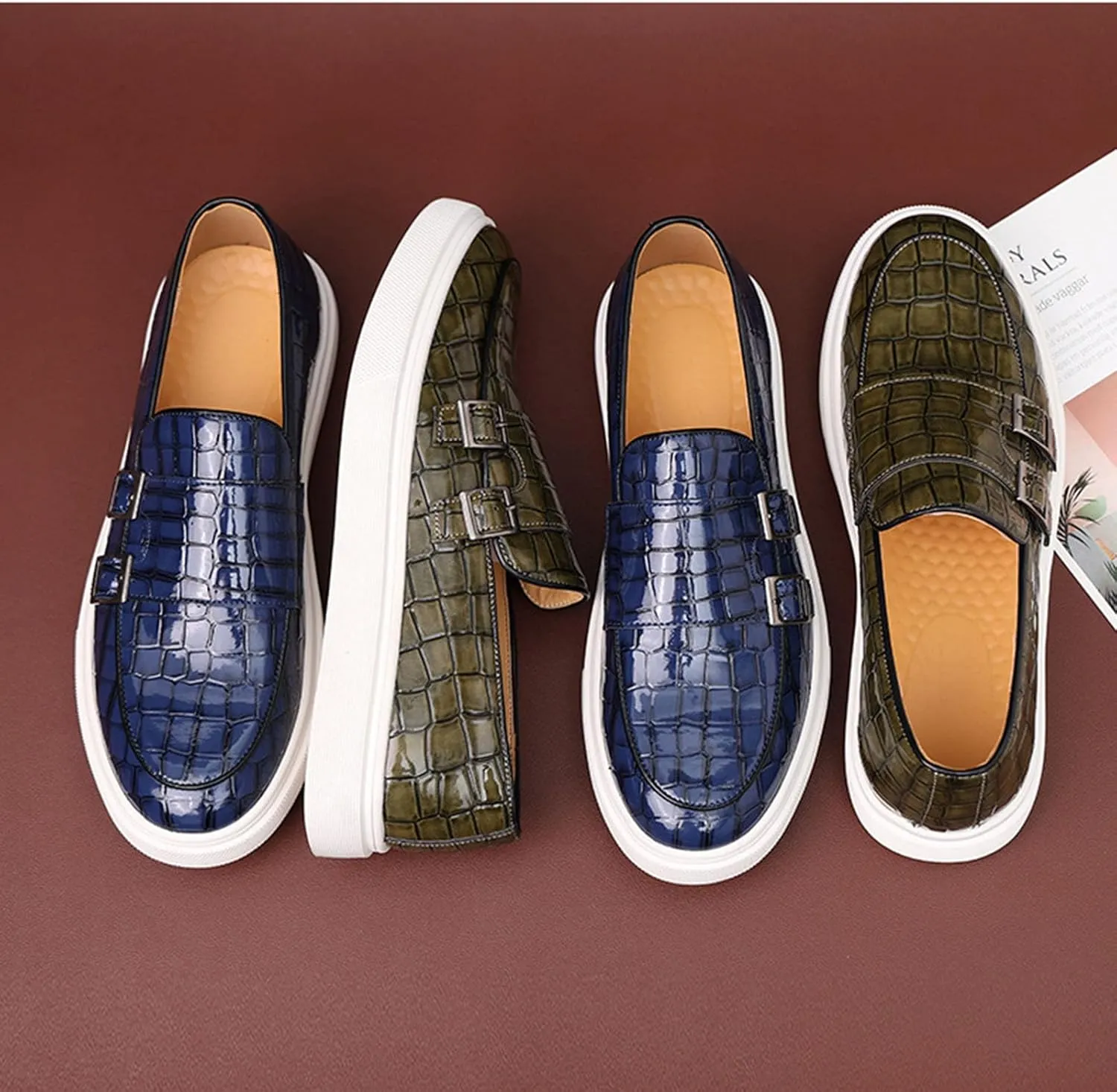 Myallfeet Men's Leather Casual Versatile Anti Slip Lefu Shoes Fashion Buckle Business Formal Leather Shoes Personalized Driving Plaid Pattern Lefu Shoes