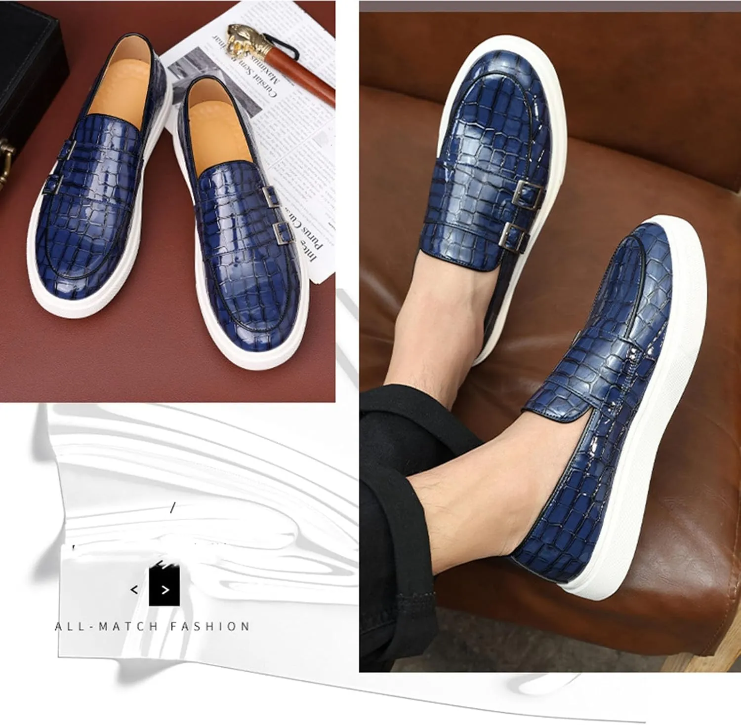 Myallfeet Men's Leather Casual Versatile Anti Slip Lefu Shoes Fashion Buckle Business Formal Leather Shoes Personalized Driving Plaid Pattern Lefu Shoes
