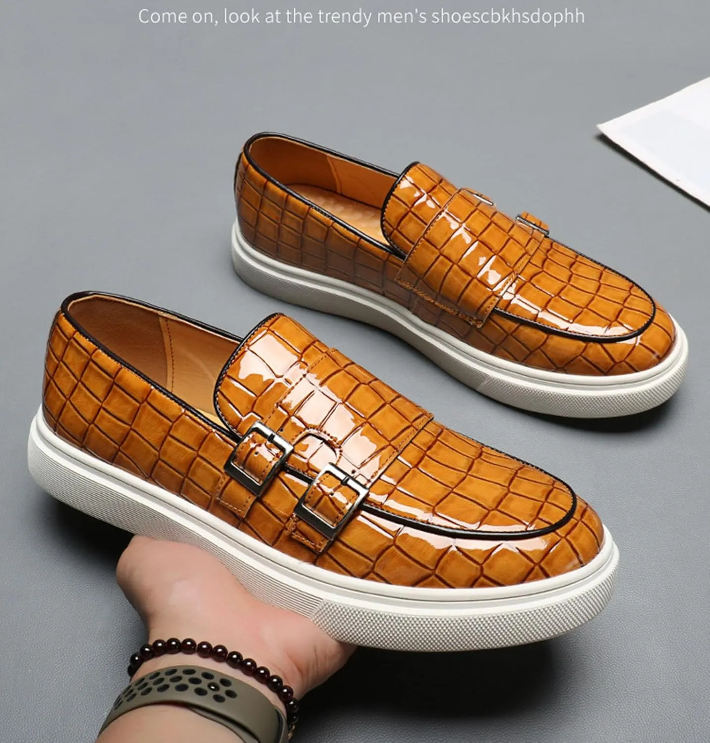 Myallfeet Men's Leather Casual Versatile Anti Slip Lefu Shoes Fashion Buckle Business Formal Leather Shoes Personalized Driving Plaid Pattern Lefu Shoes