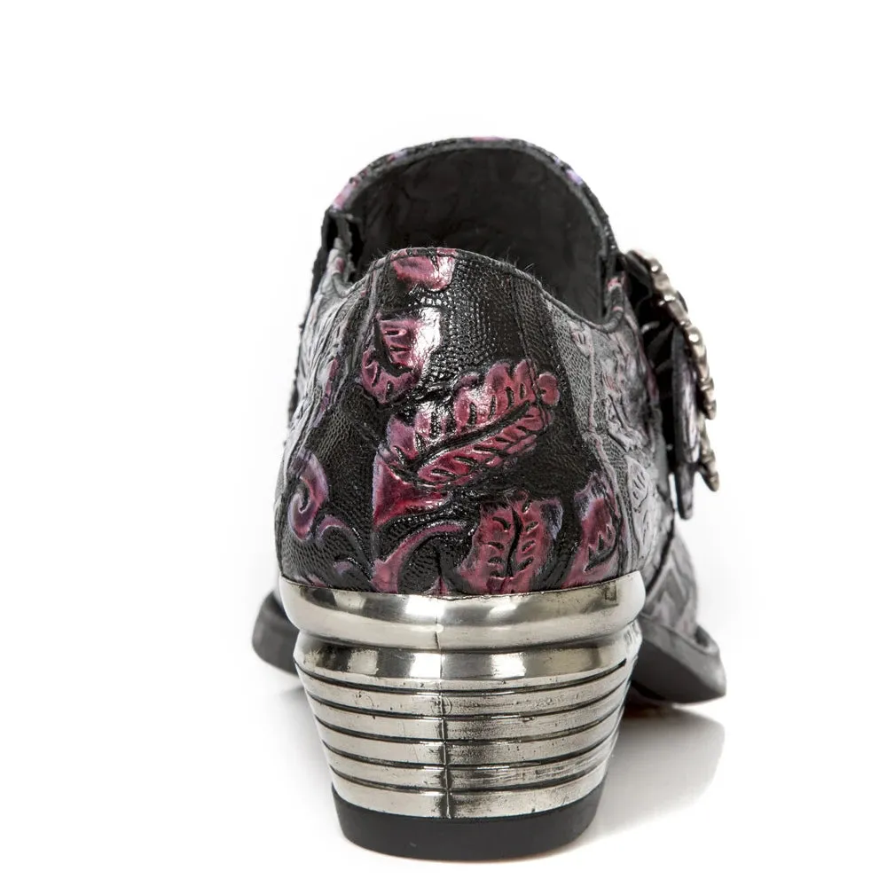NEW ROCK 7960-S8 Shoe EMBOSSED VINTAGE Black Leather Buckle Steel Heel Shoes