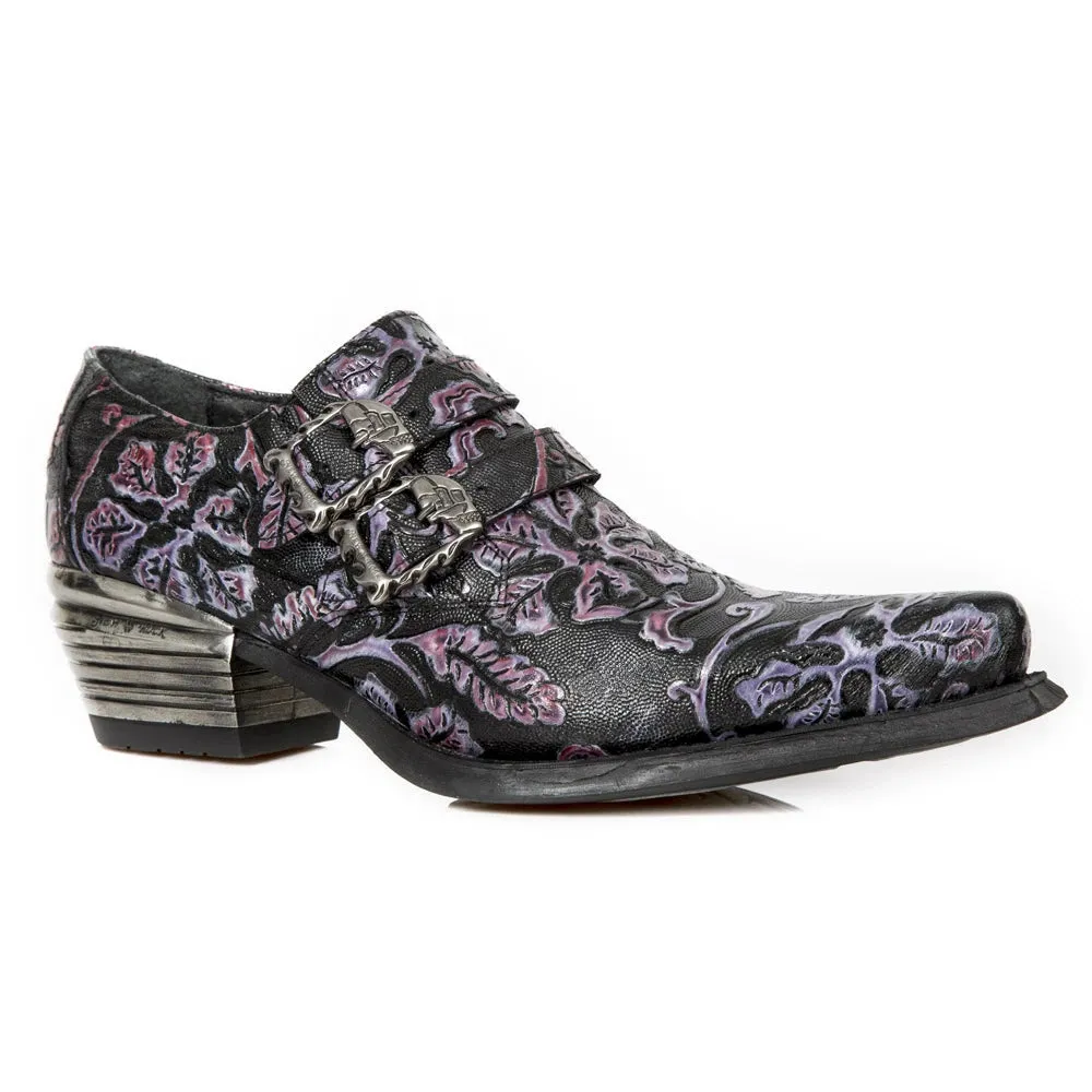 NEW ROCK 7960-S8 Shoe EMBOSSED VINTAGE Black Leather Buckle Steel Heel Shoes