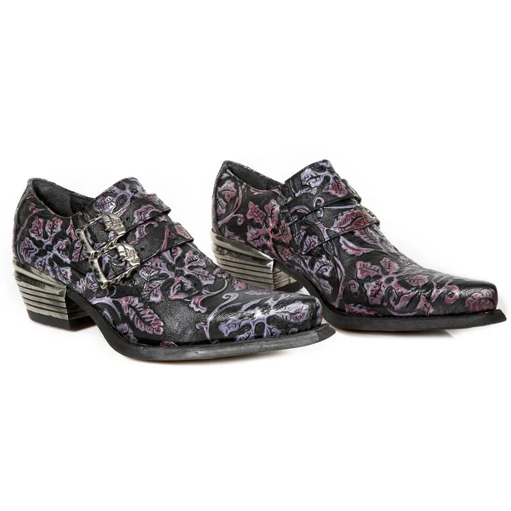 NEW ROCK 7960-S8 Shoe EMBOSSED VINTAGE Black Leather Buckle Steel Heel Shoes