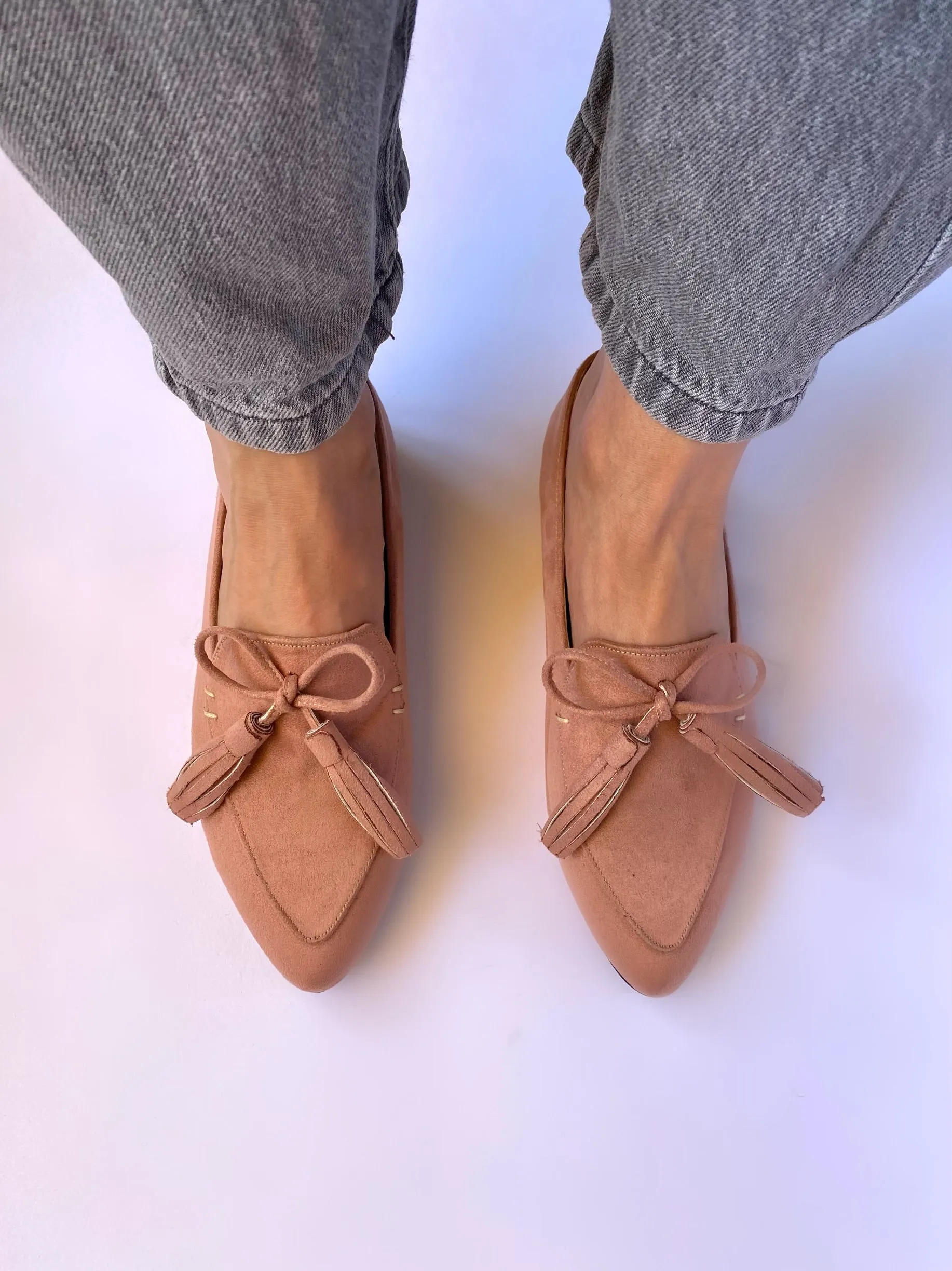Nude Pink Pointed Bow Tasseled Loafers