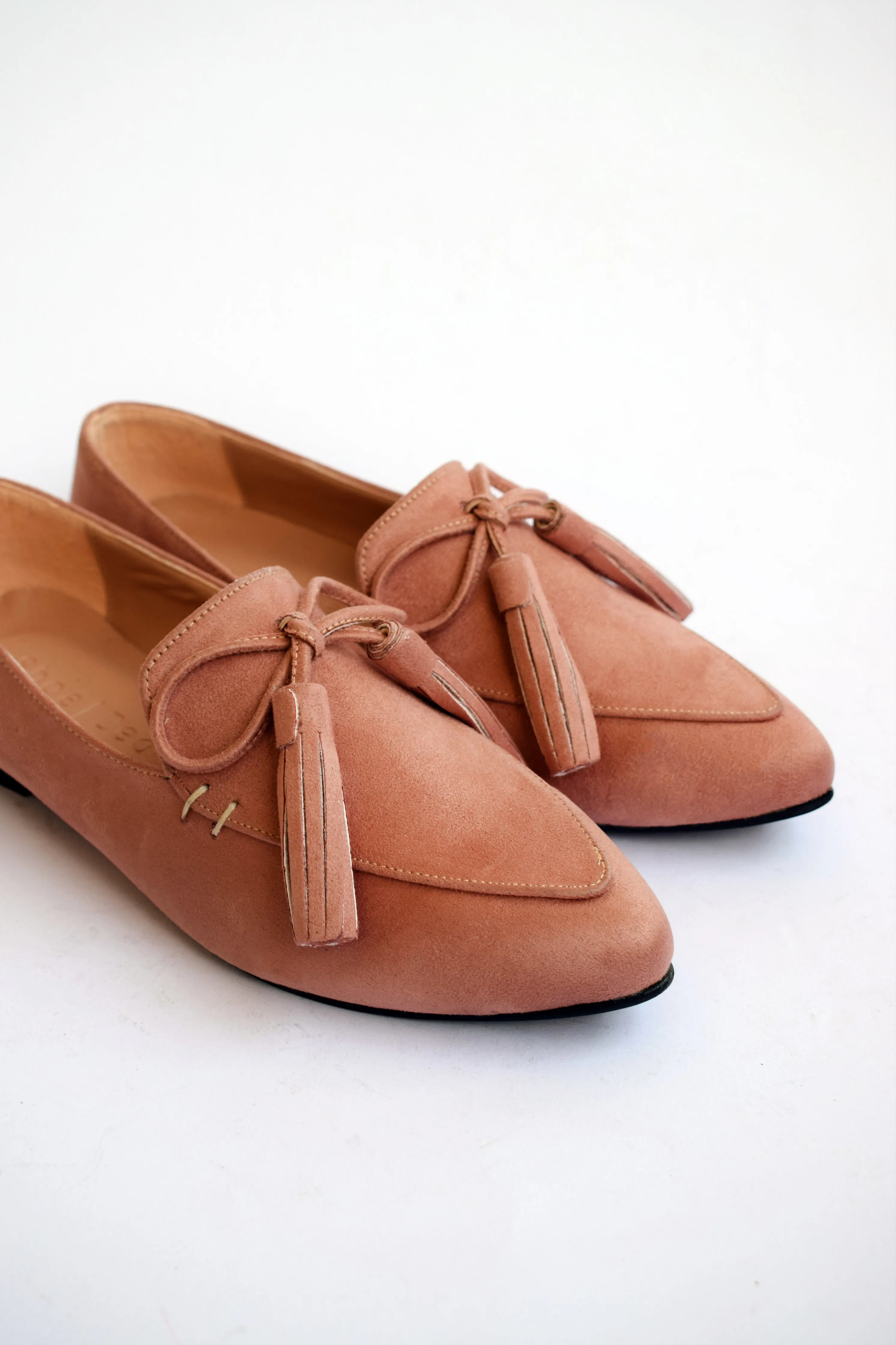 Nude Pink Pointed Bow Tasseled Loafers
