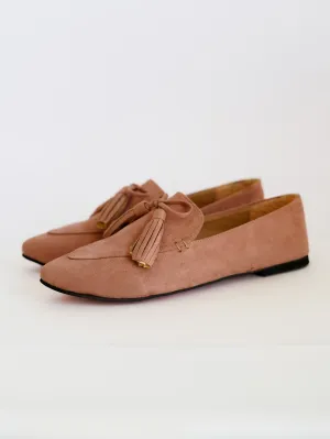 Nude Pink Pointed Bow Tasseled Loafers