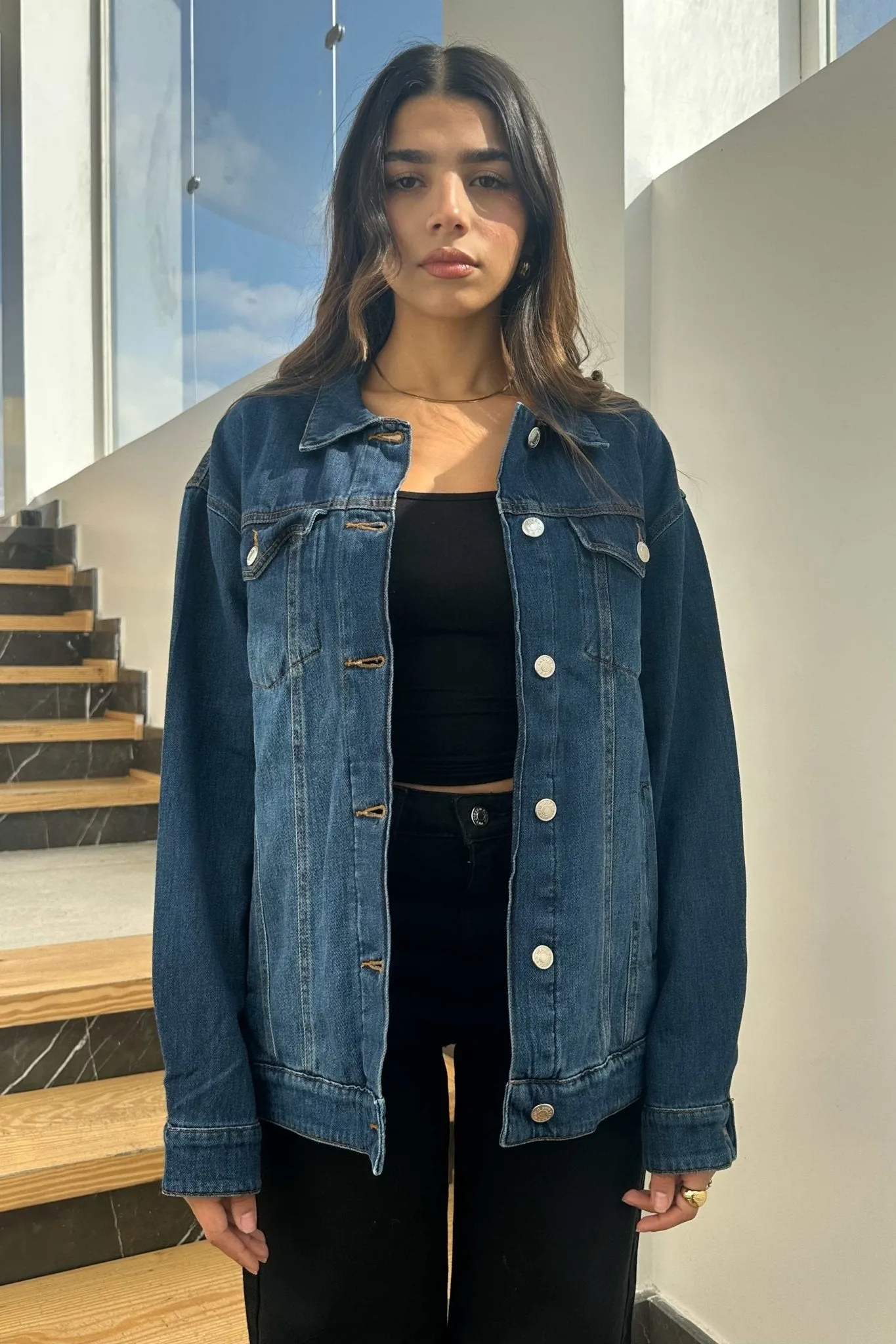 Oversized Denim Jacket - Dark Blue Wash Straight Fit.