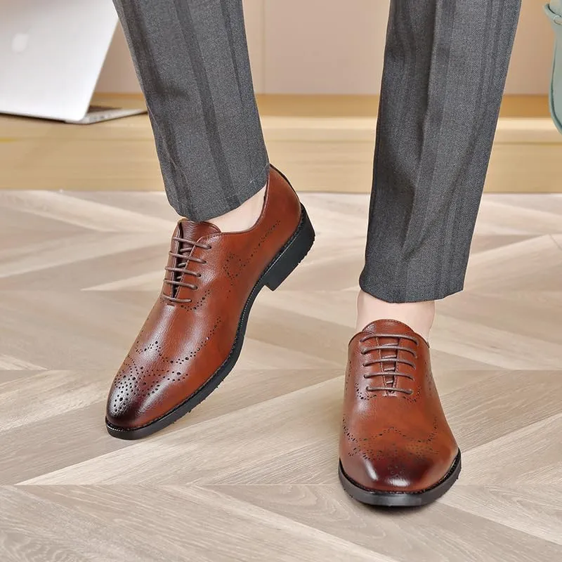 Oxford Shoes for Men Lace Up Round Burnished Toe Brogues Leather Oxford Shoes Anti-Slip Non Slip Low Top Slip Resistant Prom
