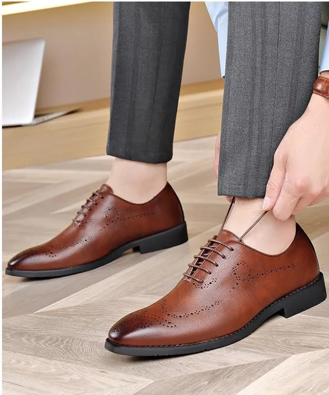 Oxford Shoes for Men Lace Up Round Burnished Toe Brogues Leather Oxford Shoes Anti-Slip Non Slip Low Top Slip Resistant Prom