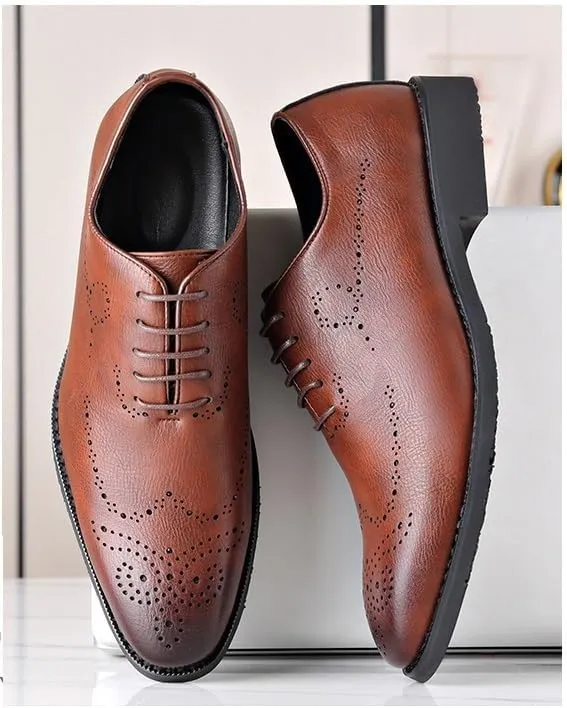 Oxford Shoes for Men Lace Up Round Burnished Toe Brogues Leather Oxford Shoes Anti-Slip Non Slip Low Top Slip Resistant Prom