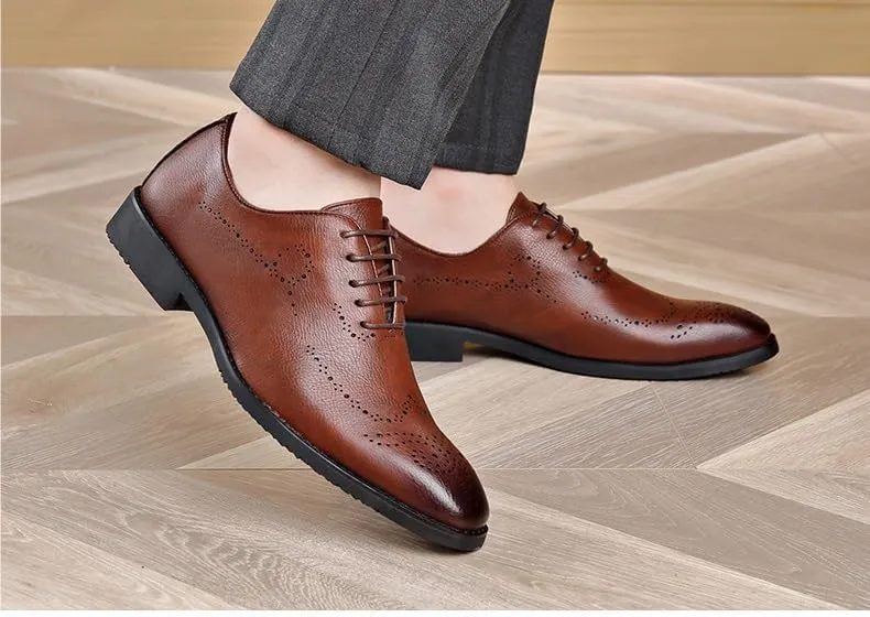 Oxford Shoes for Men Lace Up Round Burnished Toe Brogues Leather Oxford Shoes Anti-Slip Non Slip Low Top Slip Resistant Prom