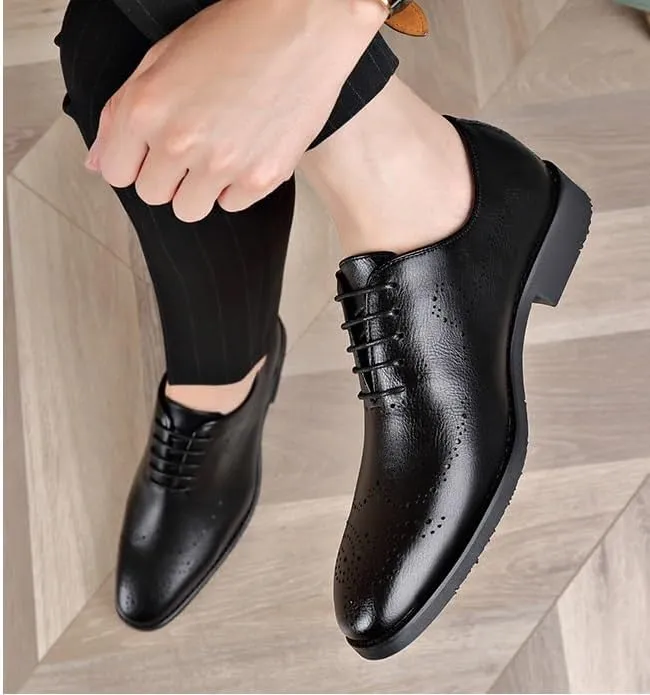 Oxford Shoes for Men Lace Up Round Burnished Toe Brogues Leather Oxford Shoes Anti-Slip Non Slip Low Top Slip Resistant Prom