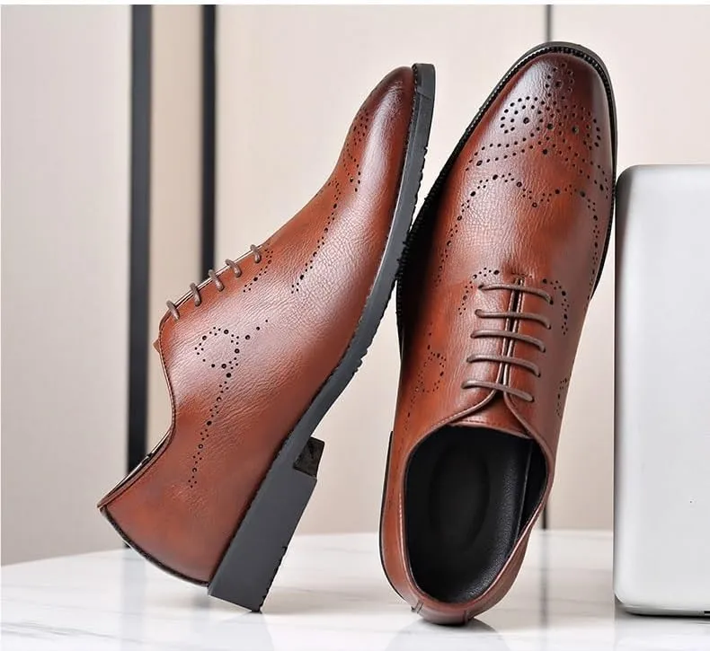 Oxford Shoes for Men Lace Up Round Burnished Toe Brogues Leather Oxford Shoes Anti-Slip Non Slip Low Top Slip Resistant Prom
