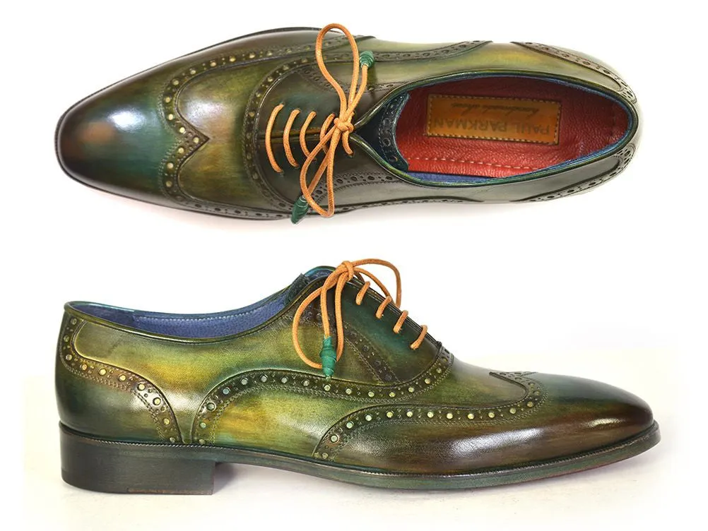 Paul Parkman Men's Wingtip Oxfords Green Hand-Painted Calfskin Shoes