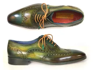Paul Parkman Men's Wingtip Oxfords Green Hand-Painted Calfskin Shoes