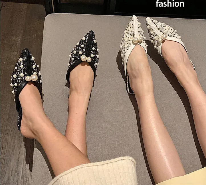 Pearl Pointed Flat-bottomed Fashion Slippers