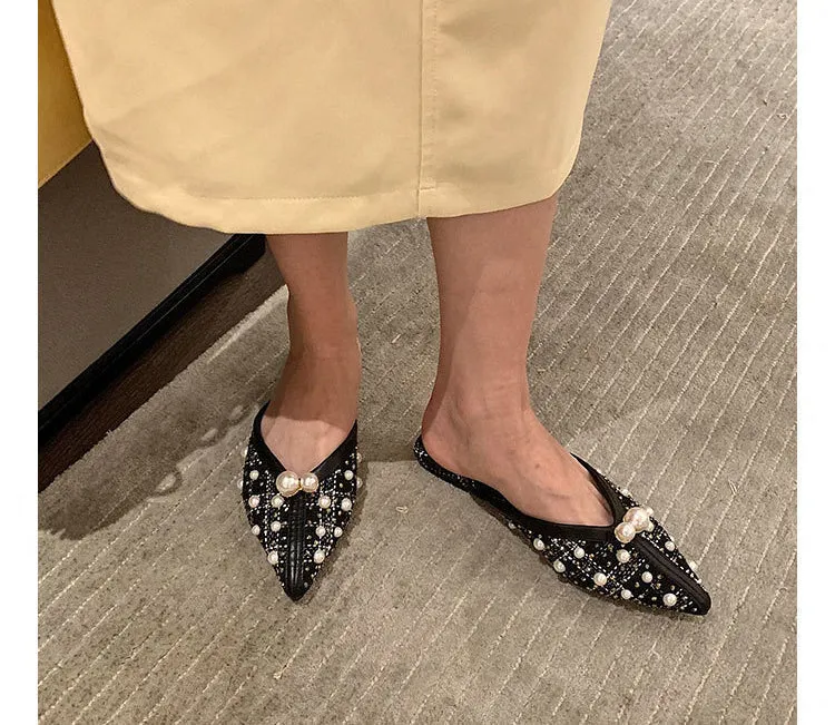 Pearl Pointed Flat-bottomed Fashion Slippers