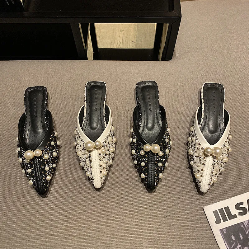 Pearl Pointed Flat-bottomed Fashion Slippers