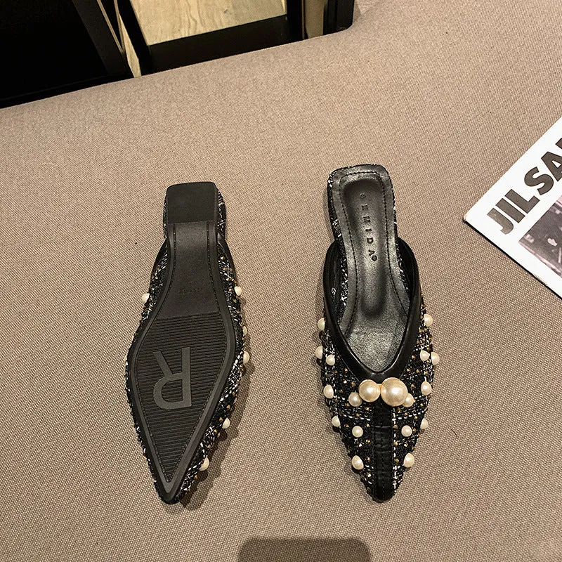 Pearl Pointed Flat-bottomed Fashion Slippers