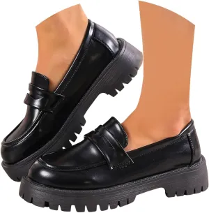 Platform Loafers for Women Patent Leather Chunky Heel Penny Loafers Casual Slip on Loafers Business Casual Shoes
