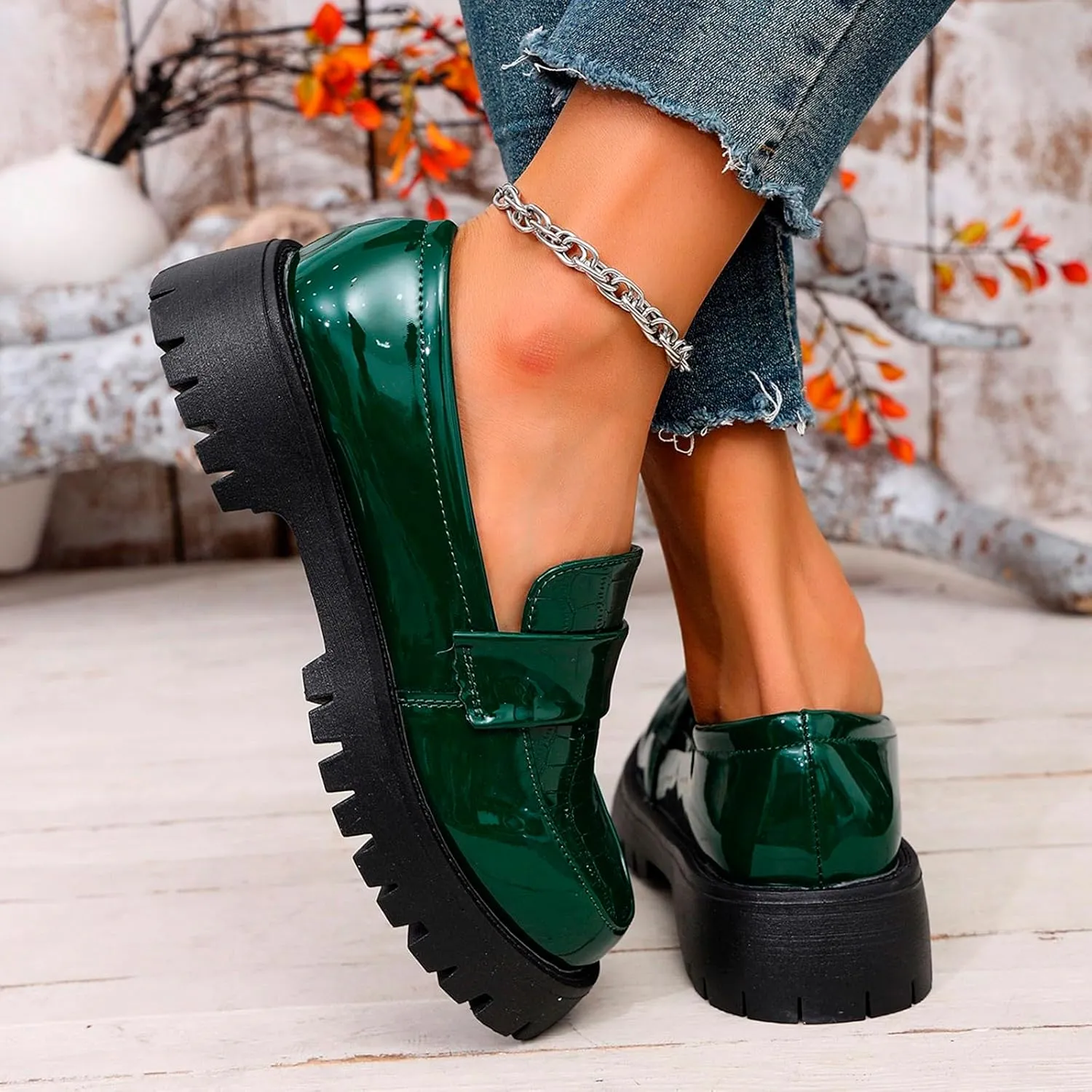 Platform Loafers for Women Patent Leather Chunky Heel Penny Loafers Casual Slip on Loafers Business Casual Shoes