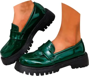 Platform Loafers for Women Patent Leather Chunky Heel Penny Loafers Casual Slip on Loafers Business Casual Shoes