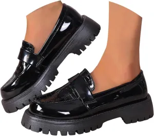 Platform Loafers for Women Patent Leather Chunky Heel Penny Loafers Casual Slip on Loafers Business Casual Shoes
