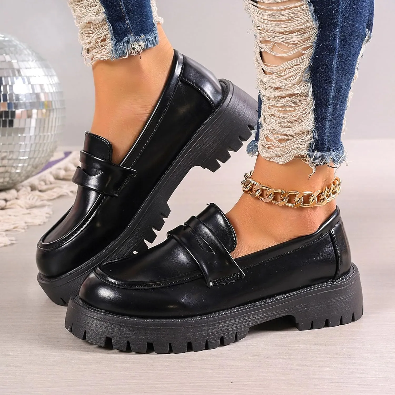 Platform Loafers for Women Patent Leather Chunky Heel Penny Loafers Casual Slip on Loafers Business Casual Shoes