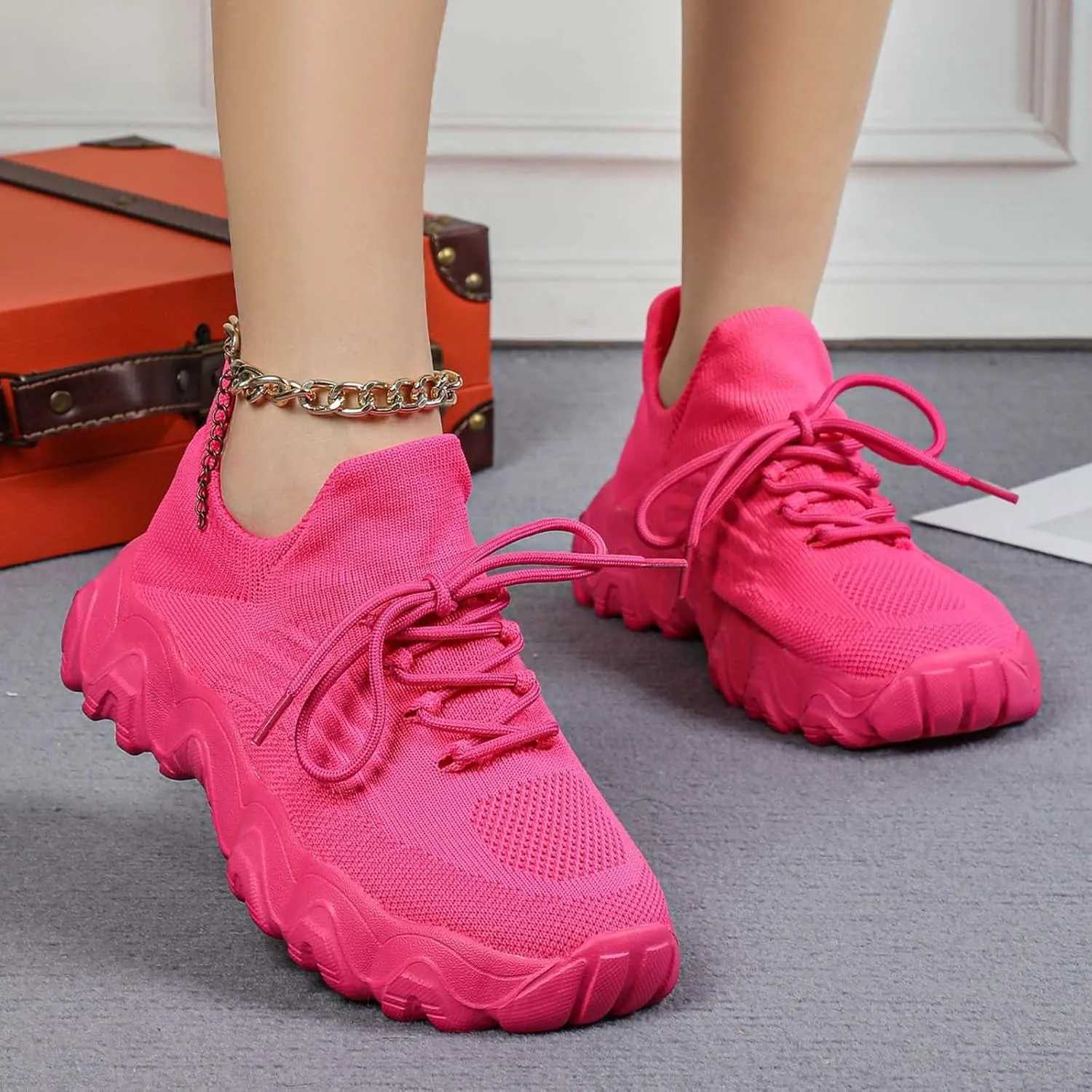 Platform Sneakers for Women Ladies Fashion Chunky Comfortable Casual Sneaker Slip on Tennis Walking Athletic Shoes Breathable Hands-Free Shopping Travel Mesh Gym Shoes