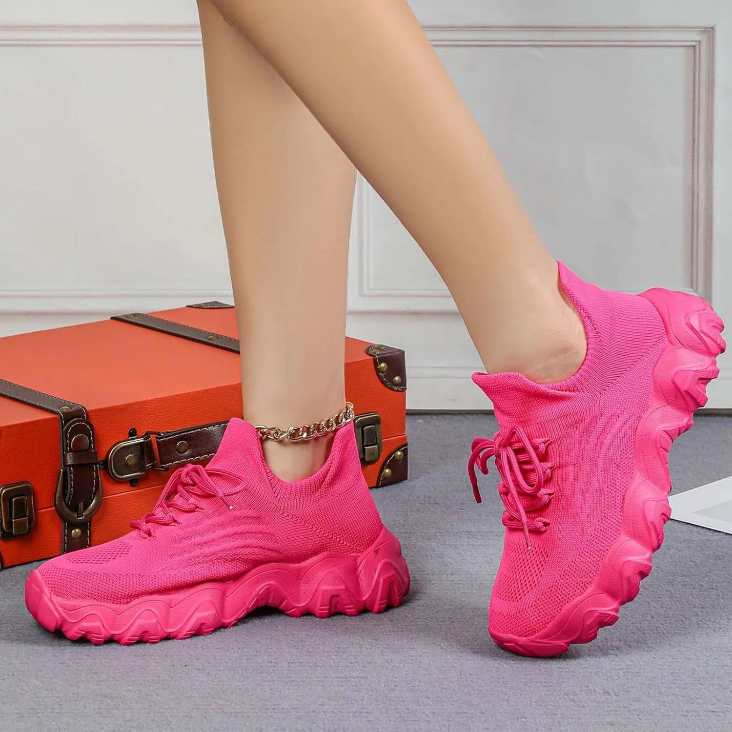 Platform Sneakers for Women Ladies Fashion Chunky Comfortable Casual Sneaker Slip on Tennis Walking Athletic Shoes Breathable Hands-Free Shopping Travel Mesh Gym Shoes