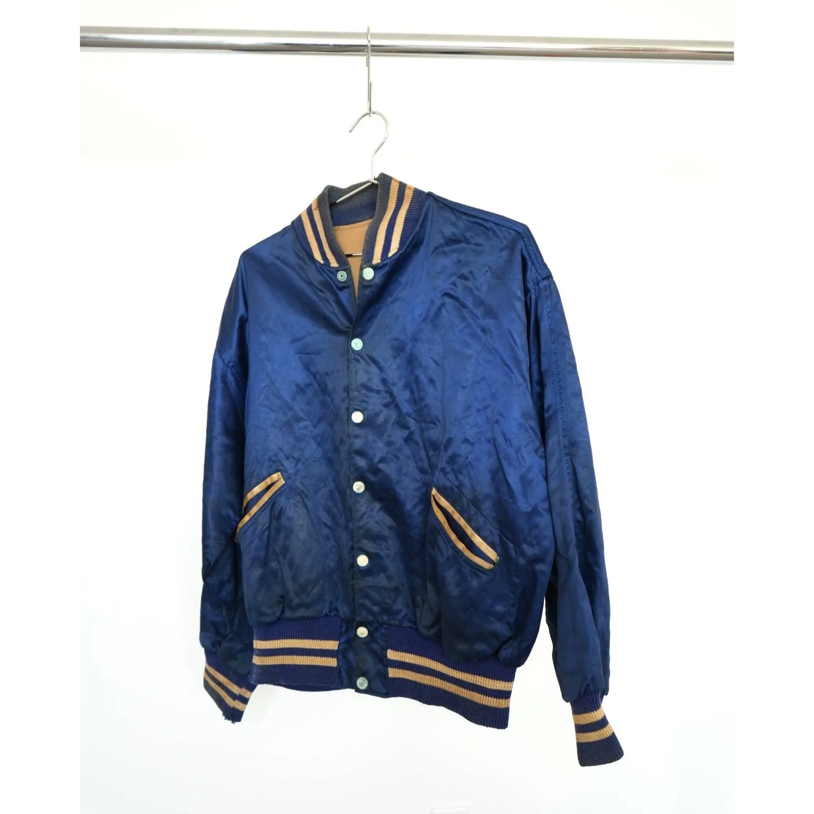 "Retail" Vintage 1960s Reversible Satin Bainbridge Air Base Varsity Jacket Navy Blue (See Dimension) Men's