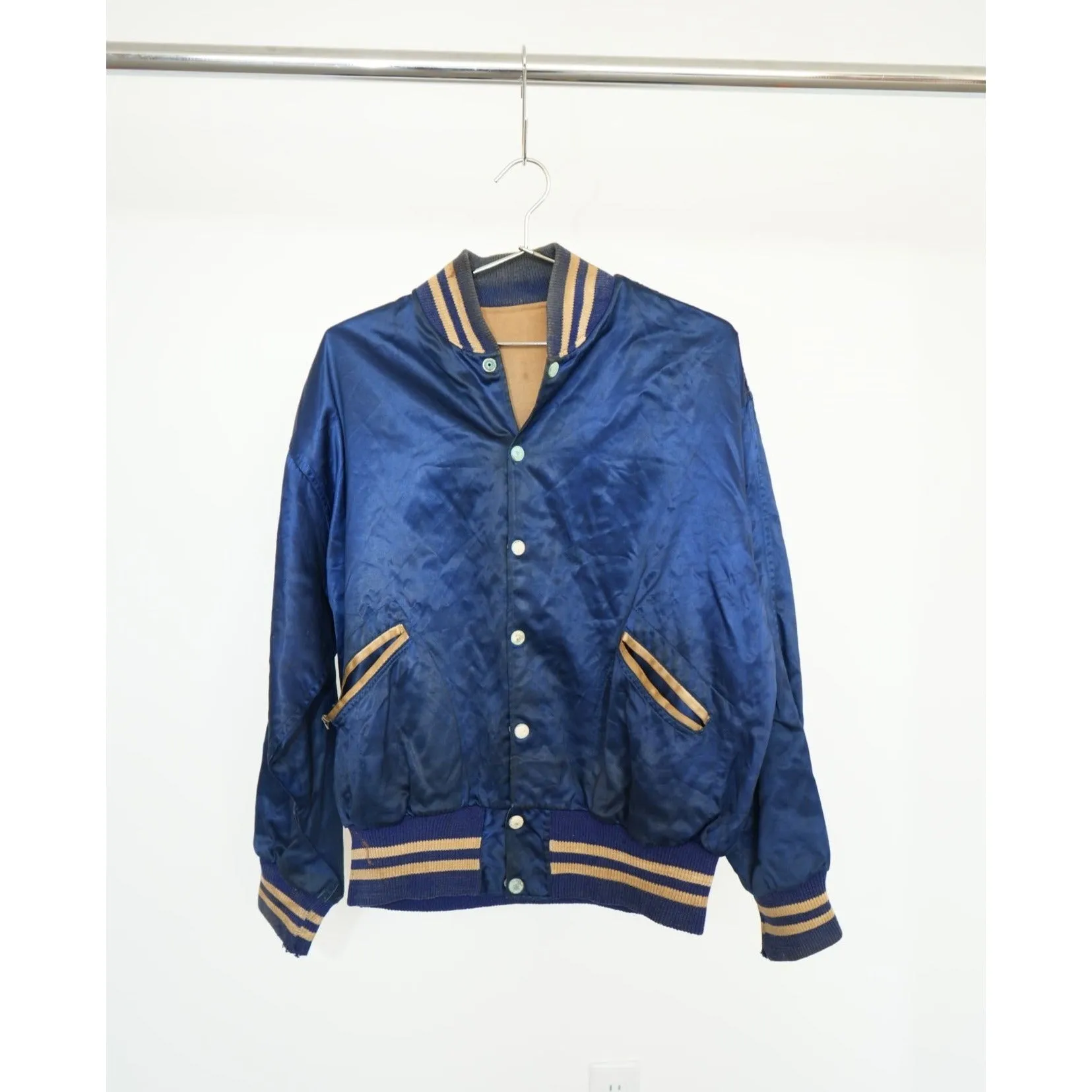 "Retail" Vintage 1960s Reversible Satin Bainbridge Air Base Varsity Jacket Navy Blue (See Dimension) Men's