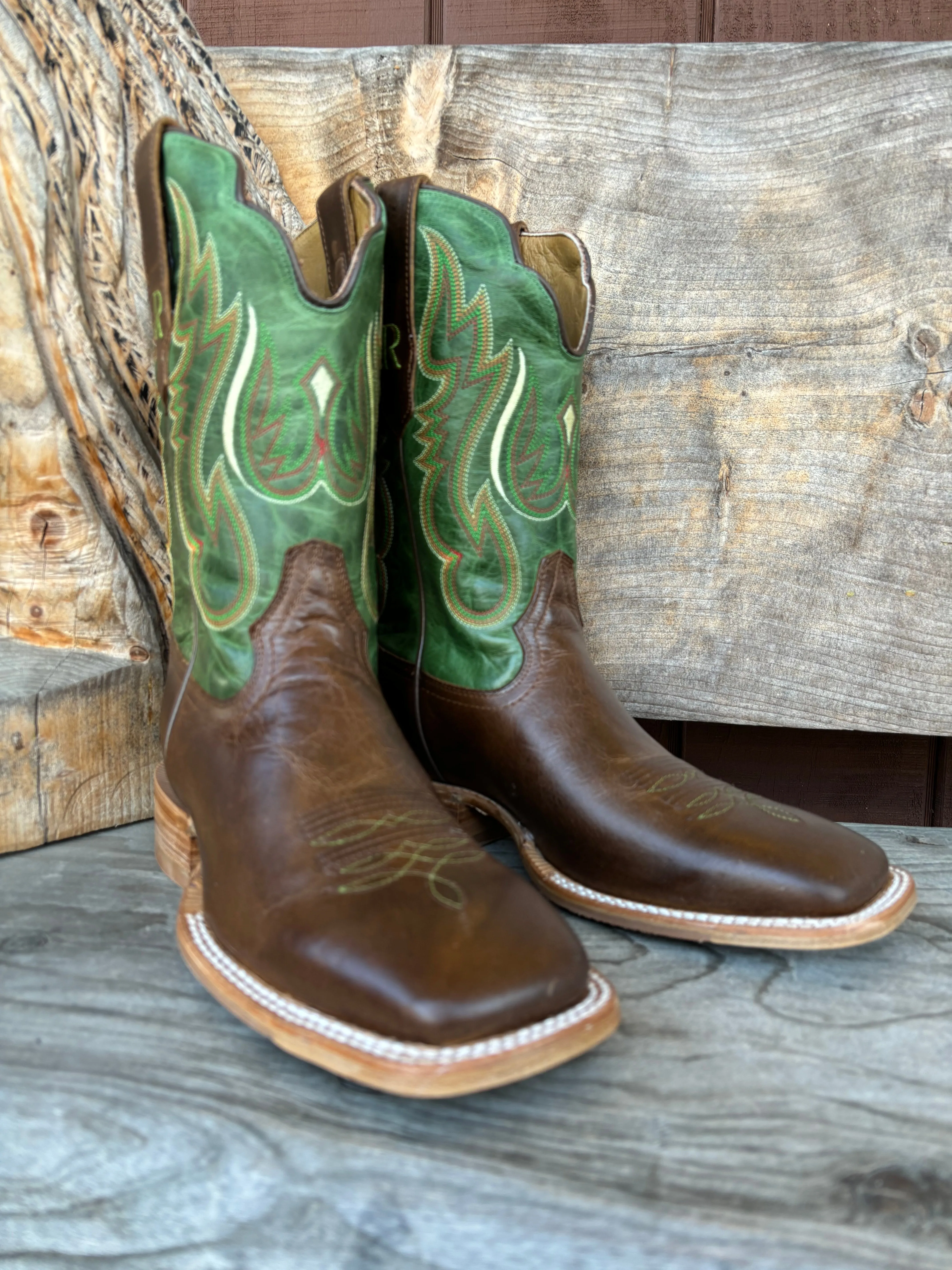R. Watson Men's Vintage Green & Tobacco Wide Square Toe Western Cowboy Boots RW8034-2