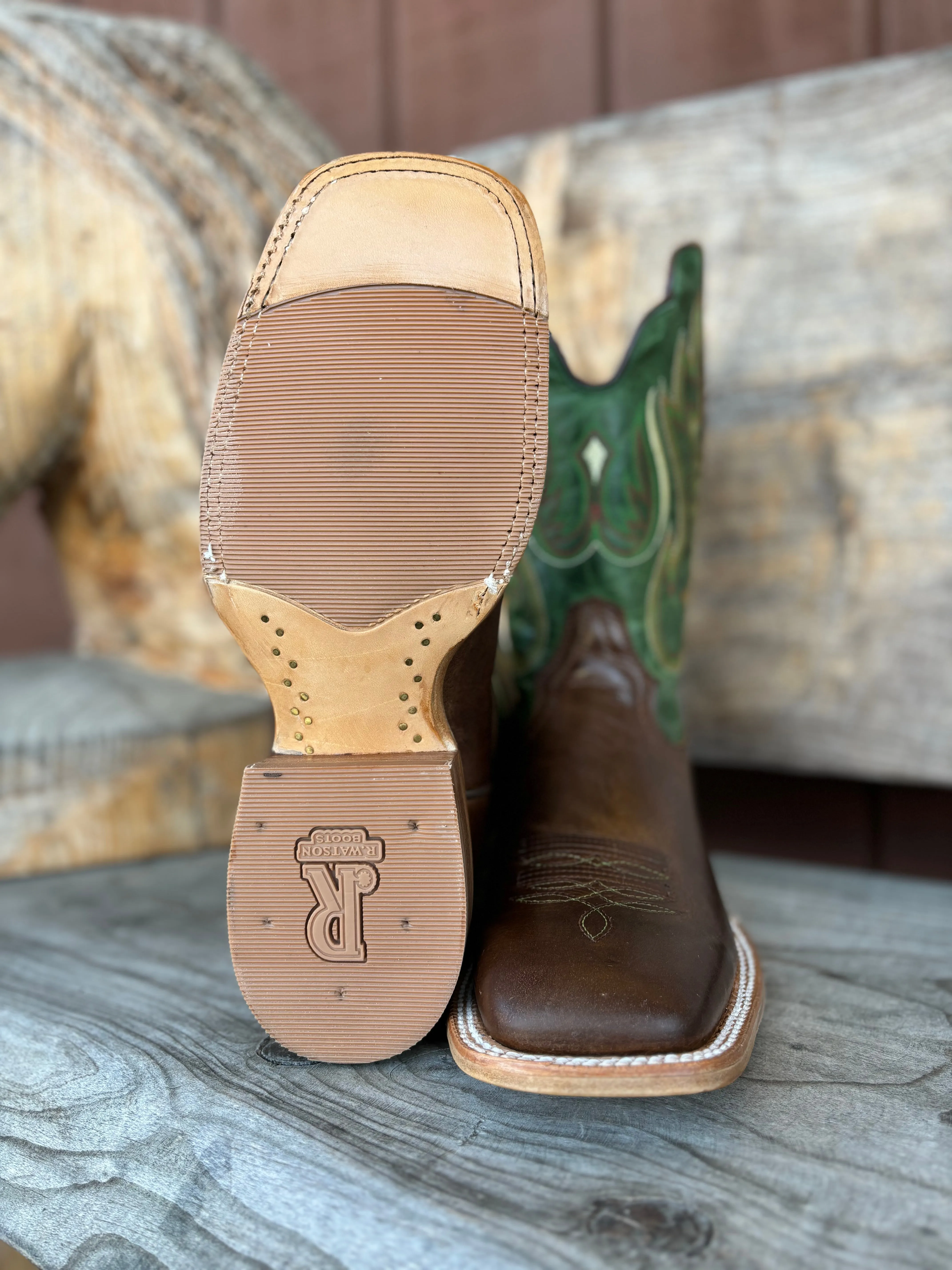 R. Watson Men's Vintage Green & Tobacco Wide Square Toe Western Cowboy Boots RW8034-2