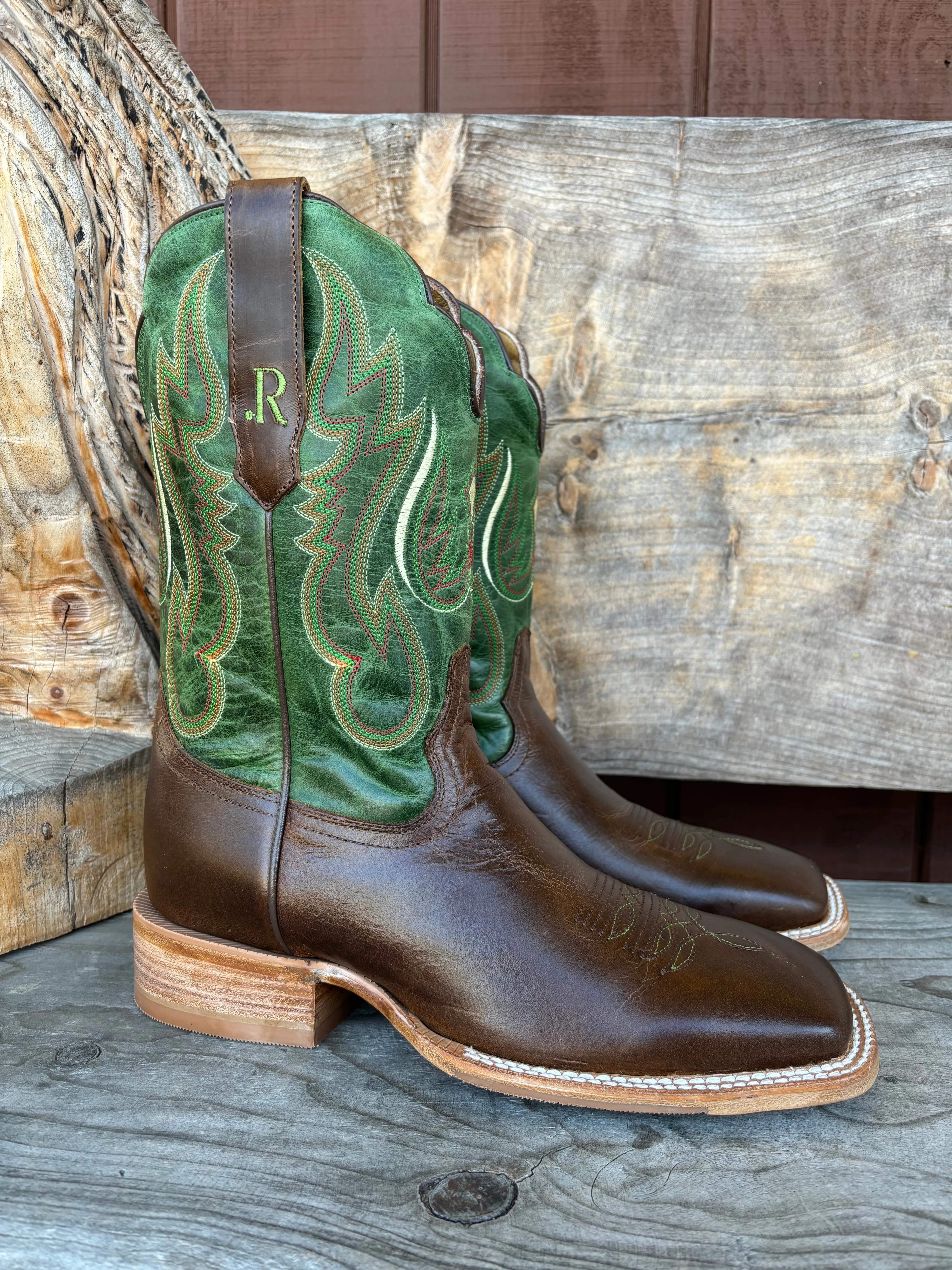 R. Watson Men's Vintage Green & Tobacco Wide Square Toe Western Cowboy Boots RW8034-2