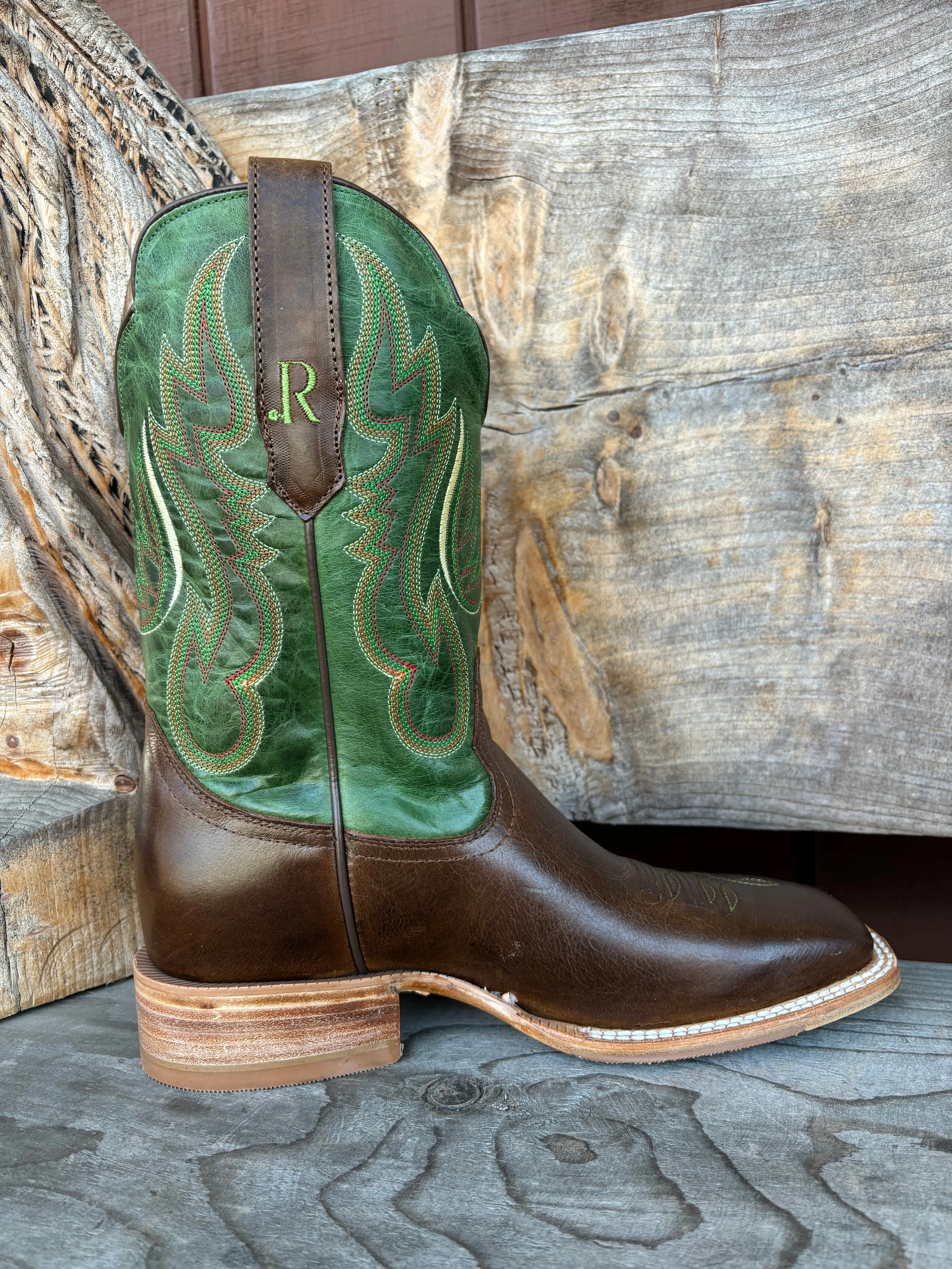 R. Watson Men's Vintage Green & Tobacco Wide Square Toe Western Cowboy Boots RW8034-2