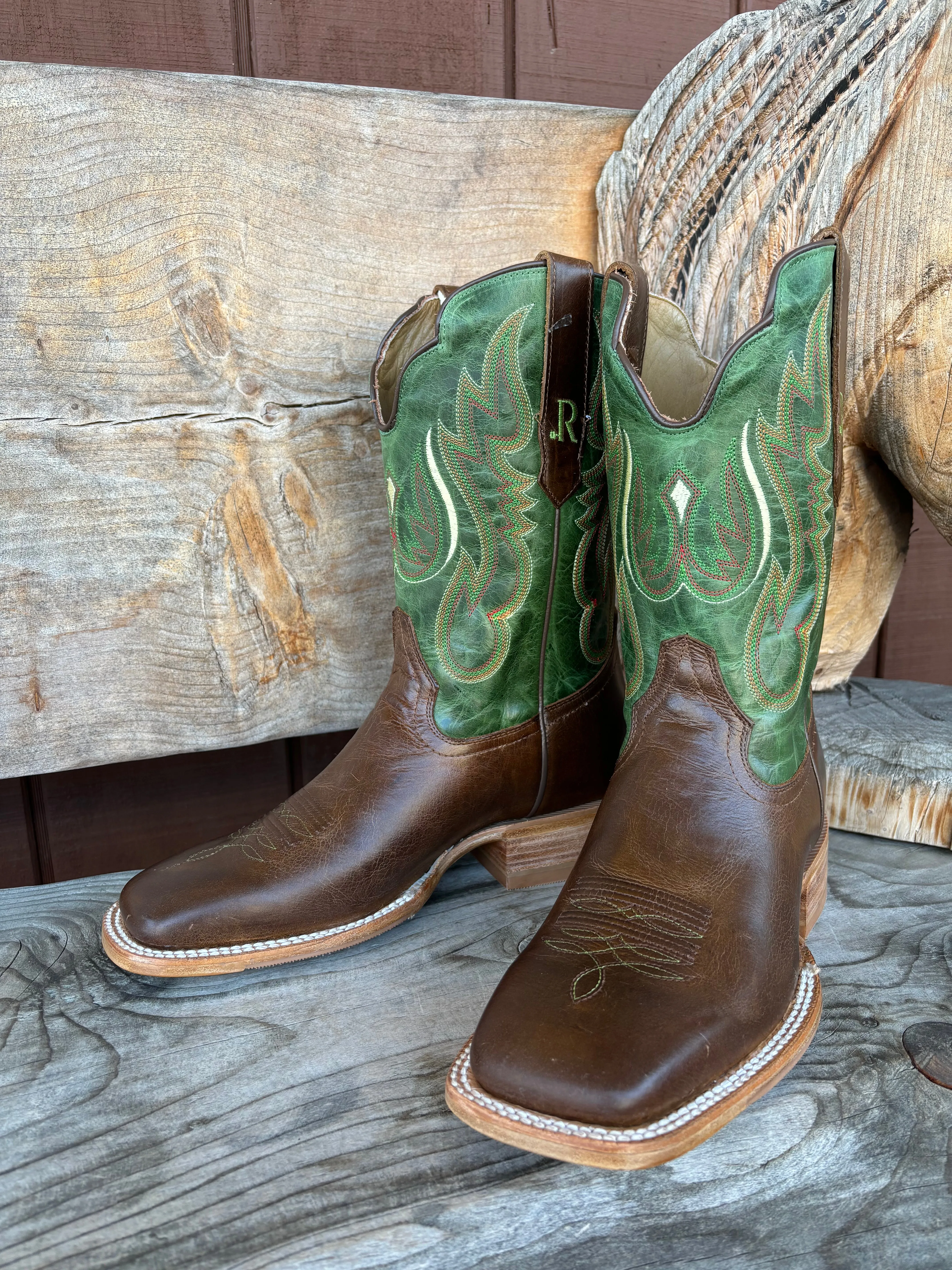 R. Watson Men's Vintage Green & Tobacco Wide Square Toe Western Cowboy Boots RW8034-2