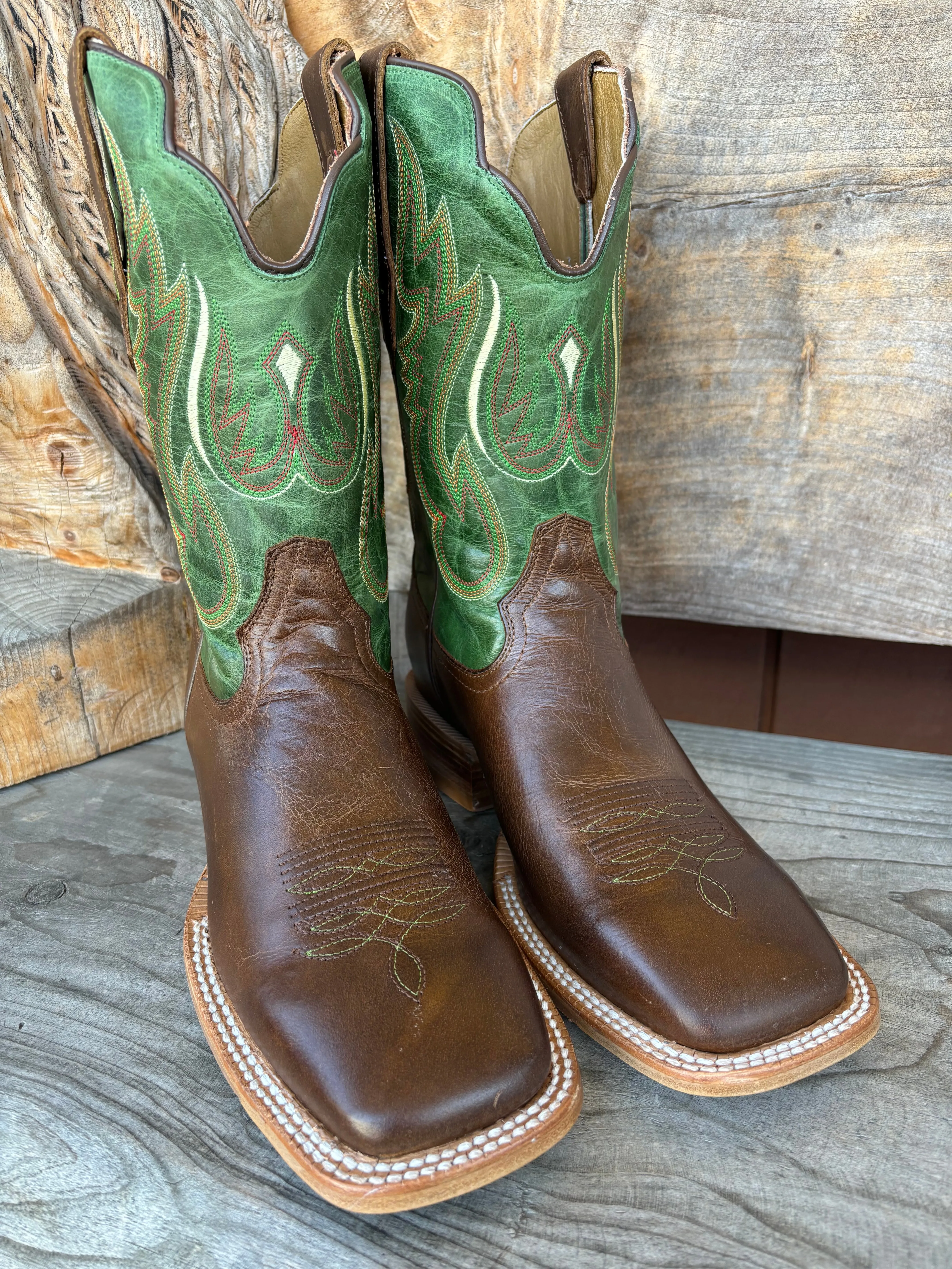 R. Watson Men's Vintage Green & Tobacco Wide Square Toe Western Cowboy Boots RW8034-2