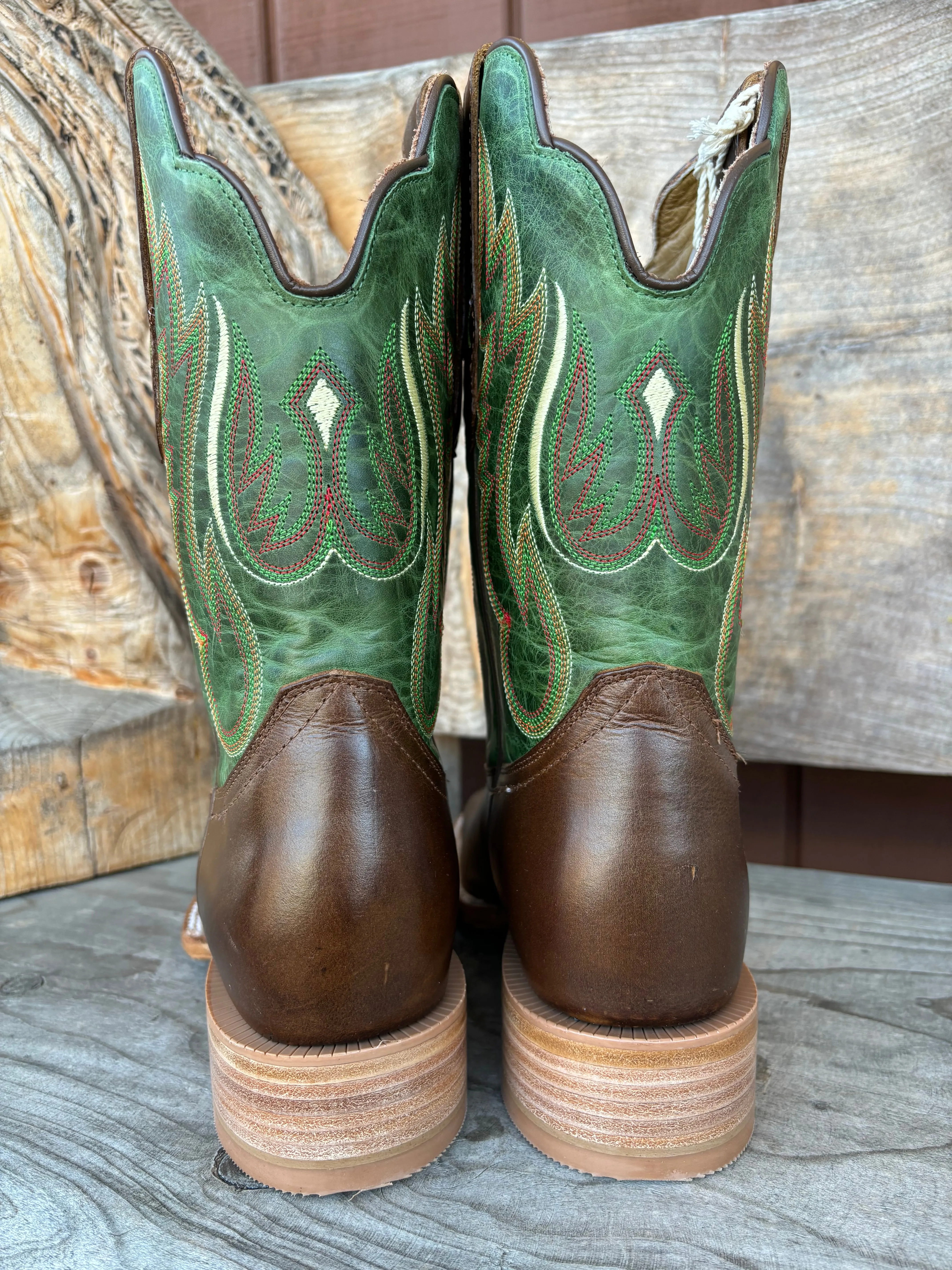 R. Watson Men's Vintage Green & Tobacco Wide Square Toe Western Cowboy Boots RW8034-2