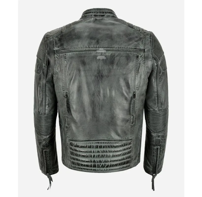 RACER Grey Vintage Men's Biker Leather Jacket Classic Moto Fashion Leather Jacket