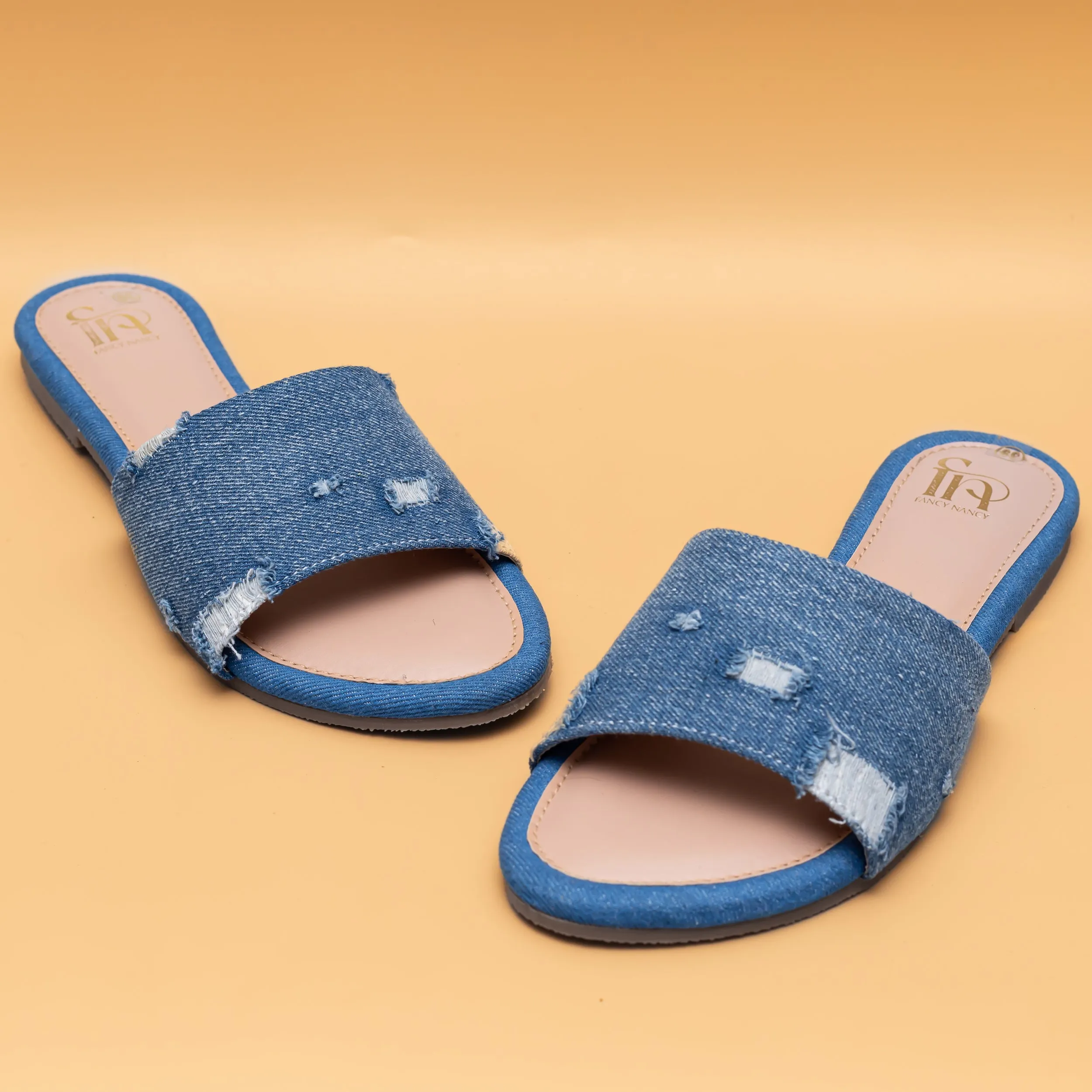 Ripped Denim Sliders - Blue