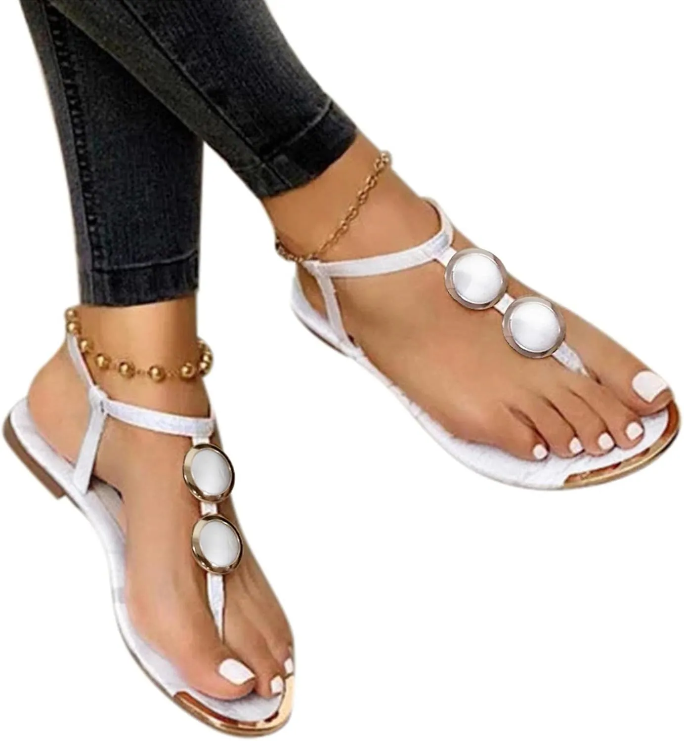 Sandals for Women Orthotic Arch Support Lightweight Yoga Mat Thong Flat Soft Bottom Flip Flops Breathable T-Strap Clip Quick Drying Shoes Open Toe slippers sandals lace Ring Leather E59-White