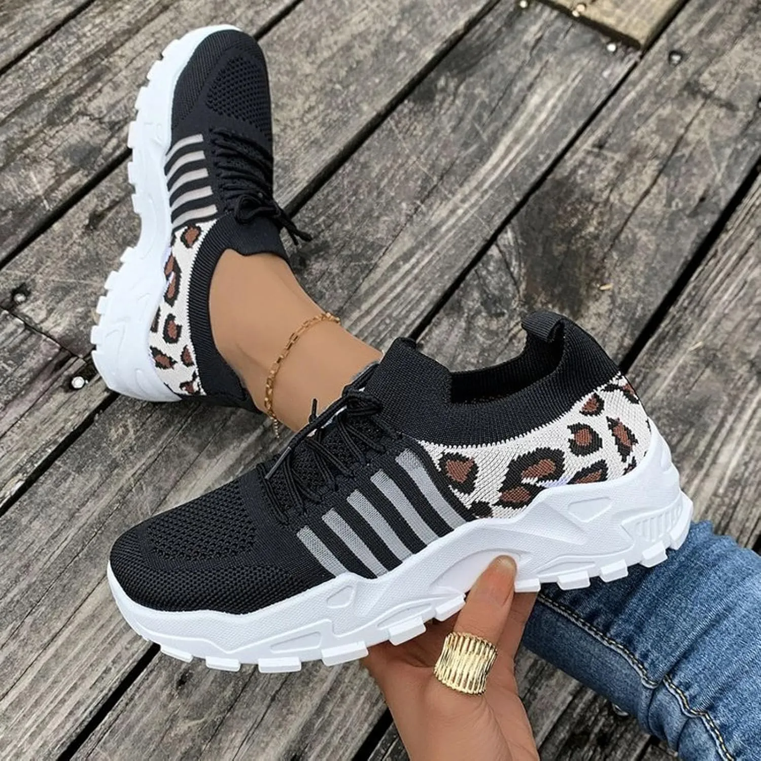 Sandals for Women Wedge Shoes Women's Fashion Mesh Cloth Leopard Print Sneakers Breathable Non Slip Lace Up Casual Shoes