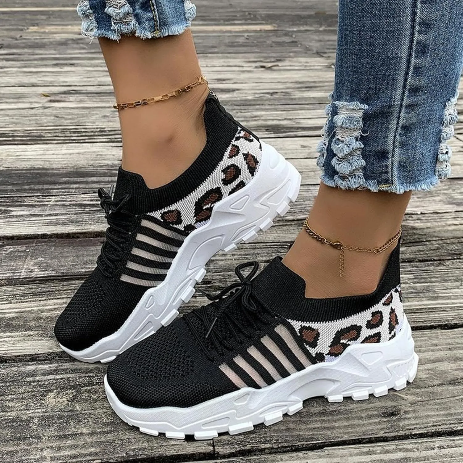 Sandals for Women Wedge Shoes Women's Fashion Mesh Cloth Leopard Print Sneakers Breathable Non Slip Lace Up Casual Shoes